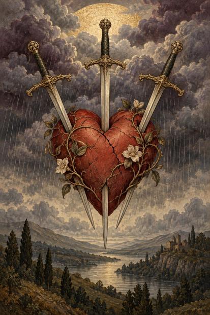 Ilustração artística de Três de Espadas